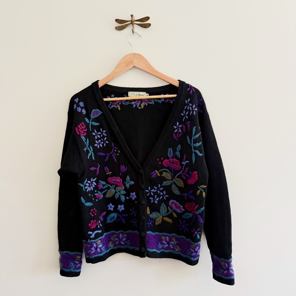 L.L. Bean 100% Wool Vintage Black Floral Embroidered Cardigan Knit Sweater